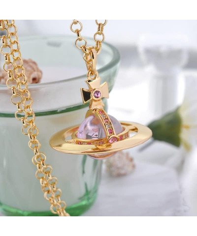 Saturn Necklace for Women Sky Star Saturn Planet Pendant Single Layered Necklaces for Women Quartz Saturn Pendant (Gold+Pink)...