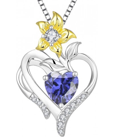 Heart Necklace Sterling Silver Lily Flower Love Pendant Gemstones Jewelry for Women 12-tanzanite-Dec $34.44 Necklaces