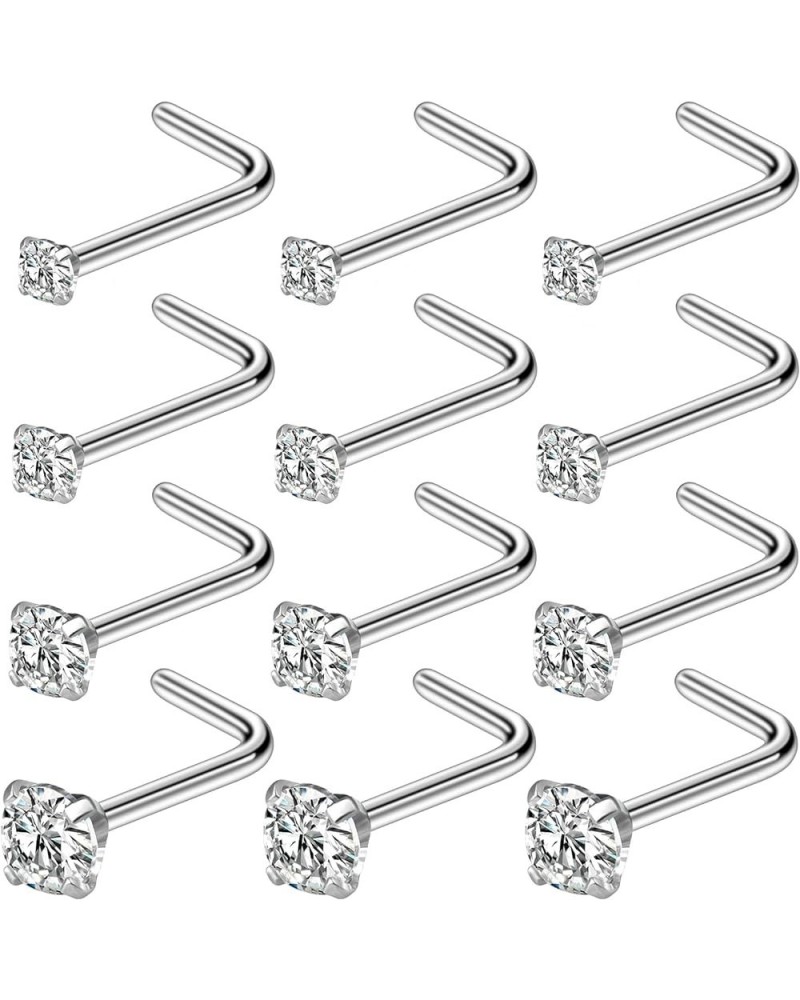 18G 20G 22G L Shaped Nose Rings Stud With Cubic Zirconia Hypoallergenic 316L Surgical Grade Stainless Steel Nose Nostril Ring...