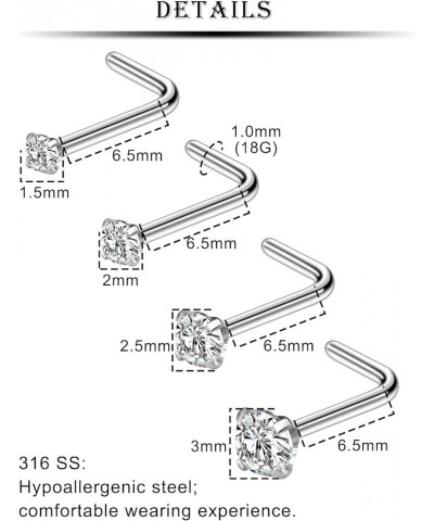 18G 20G 22G L Shaped Nose Rings Stud With Cubic Zirconia Hypoallergenic 316L Surgical Grade Stainless Steel Nose Nostril Ring...