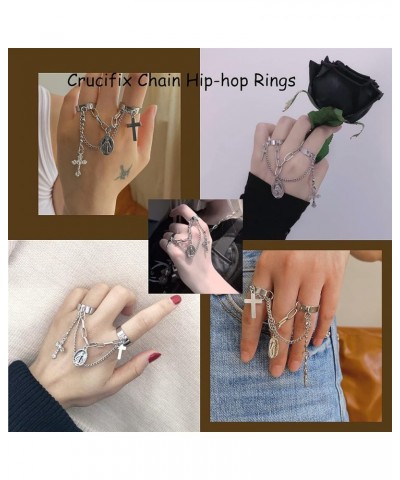 Punk Vintage Chain Finger Rings Set for Women, Novelty Gothic Cross Open Adjustable Rings Stackable Silver Knuckle Rings silv...