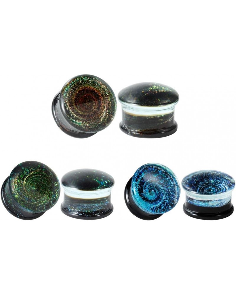 Glass Plugs And Tunnels Galaxy Piercing Flared Expander Stretchers Pair Gift Packed Jewelry Size 2g(6mm) to 1 Inch(25mm). Blu...