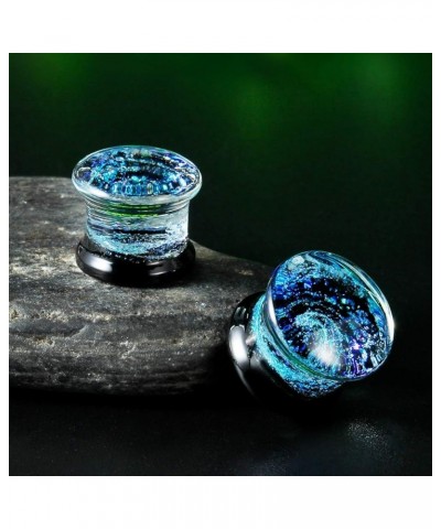 Glass Plugs And Tunnels Galaxy Piercing Flared Expander Stretchers Pair Gift Packed Jewelry Size 2g(6mm) to 1 Inch(25mm). Blu...