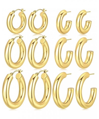 6 Pairs Gold Hoop Earrings Set for Women, Chunky Hollow Tube Hoops Earrings, Hypoallergenic Lightweight Hoop Large Earrings 2...