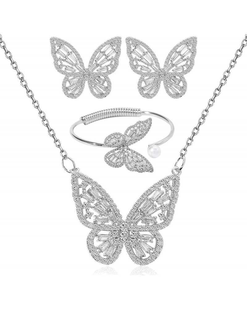 Women's Jewelry Sets Crystal Butterfly Earrings Necklaces for Women Girls Cubic Zirconia White Gold Butterfly Necklace Ring B...