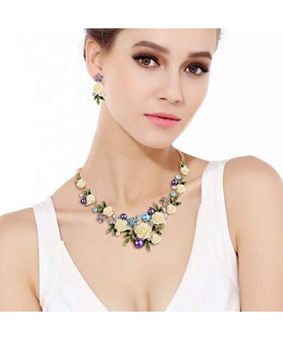 Women's Austrian Crystal Simulated Pearl Rose Flower Leaf Necklace Pierced Earrings Set Earrings+Necklace_Purple w/ Blue Gold...