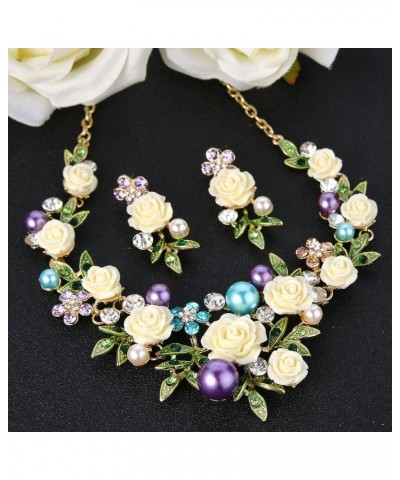 Women's Austrian Crystal Simulated Pearl Rose Flower Leaf Necklace Pierced Earrings Set Earrings+Necklace_Purple w/ Blue Gold...