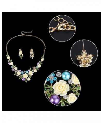 Women's Austrian Crystal Simulated Pearl Rose Flower Leaf Necklace Pierced Earrings Set Earrings+Necklace_Purple w/ Blue Gold...