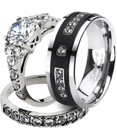 His and Her Stainless Steel 2.50 Carat Cubic Zirconia Bridal Set and Men's Titanium Wedding Band Women's Size 07 Men's Size 0...