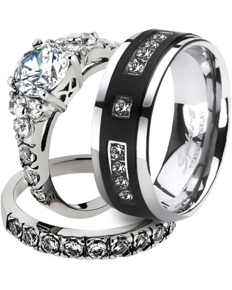 His and Her Stainless Steel 2.50 Carat Cubic Zirconia Bridal Set and Men's Titanium Wedding Band Women's Size 07 Men's Size 0...