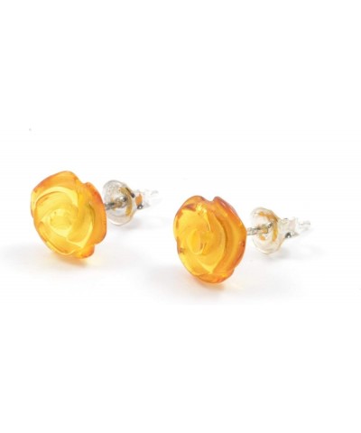 Genuine Baltic Amber Rose Stud Earrings with Sterling Silver, Hand Made From Genuine Baltic Amber Honey $12.00 Earrings