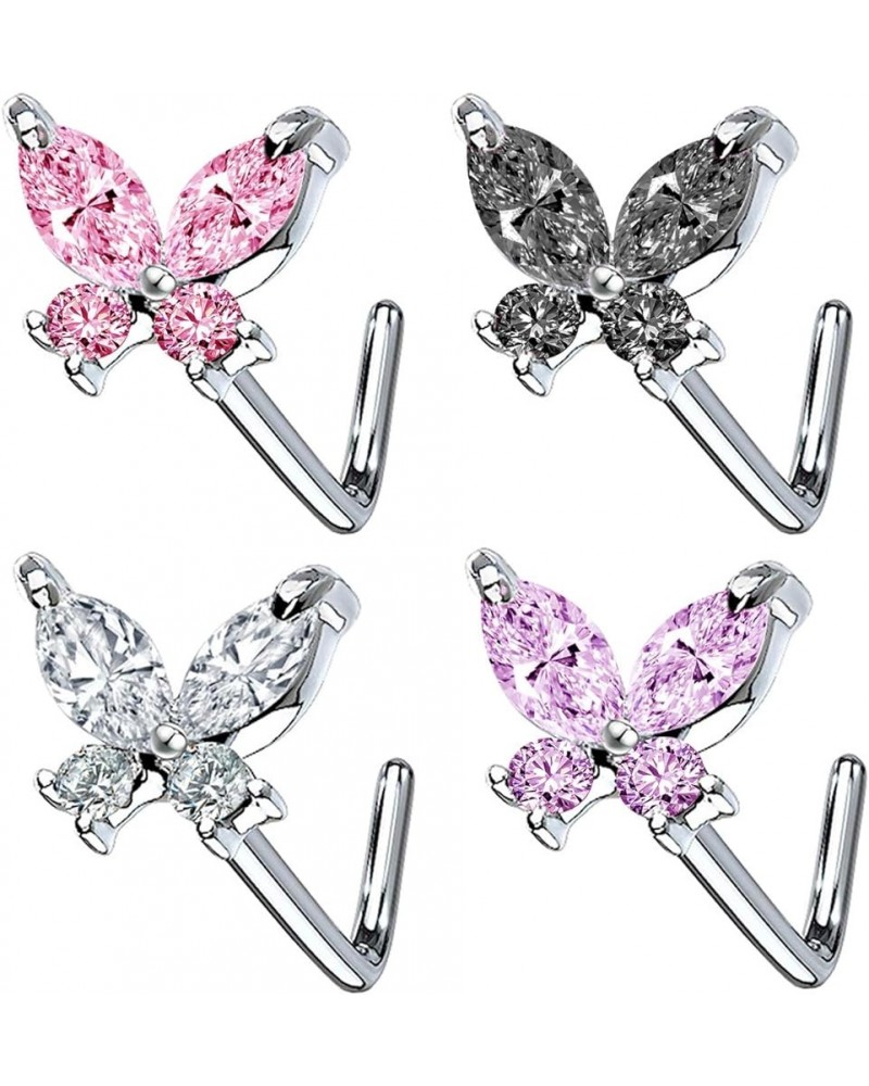 CZ Butterfly Flower Nose Stud Top L Bend Stud Nose Ring 20G L Shaped Nose Studs Nose Hoop Rings Nose Body Piercing for Women ...