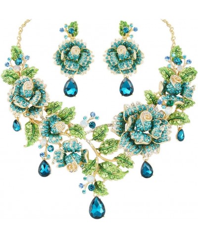 Austrian Crystal Elegant Rose Flower Leaf Teardrop Neckalce Earrings Set Blue Gold-Tone $20.15 Jewelry Sets