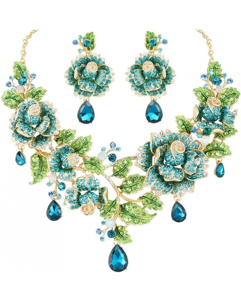 Austrian Crystal Elegant Rose Flower Leaf Teardrop Neckalce Earrings Set Blue Gold-Tone $20.15 Jewelry Sets