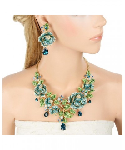 Austrian Crystal Elegant Rose Flower Leaf Teardrop Neckalce Earrings Set Blue Gold-Tone $20.15 Jewelry Sets