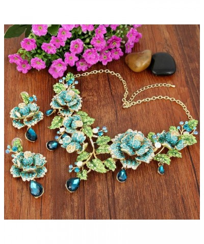 Austrian Crystal Elegant Rose Flower Leaf Teardrop Neckalce Earrings Set Blue Gold-Tone $20.15 Jewelry Sets