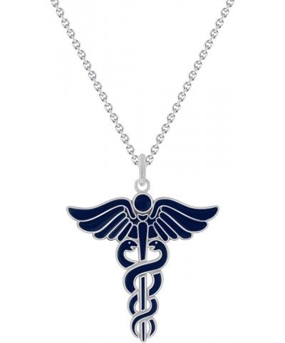 Caduceus Necklace in Solid 14k Gold, Gold Necklace for Doctor Nurse, Made in America Pendant Only Blue Enamel White Gold $120...