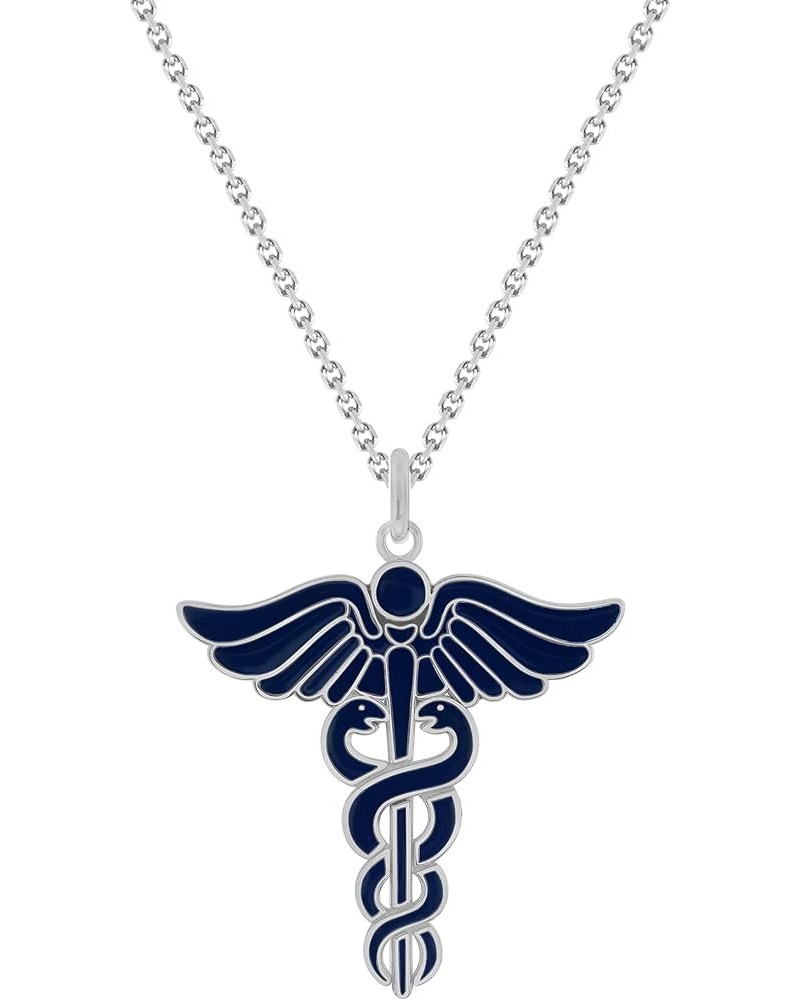 Caduceus Necklace in Solid 14k Gold, Gold Necklace for Doctor Nurse, Made in America Pendant Only Blue Enamel White Gold $120...