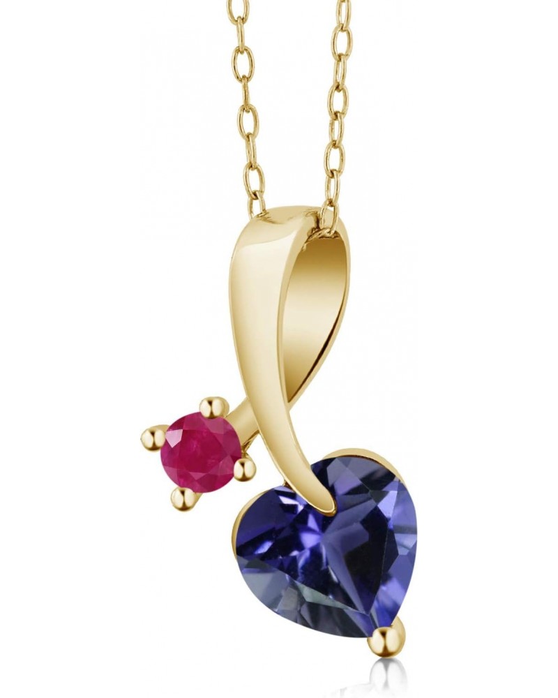 18K Yellow Gold Plated Silver Blue Iolite and Red Ruby Pendant Necklace For Women (1.00 Cttw, Gemstone Birthstone, Heart Shap...