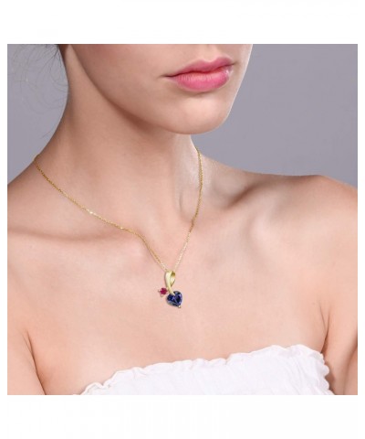 18K Yellow Gold Plated Silver Blue Iolite and Red Ruby Pendant Necklace For Women (1.00 Cttw, Gemstone Birthstone, Heart Shap...