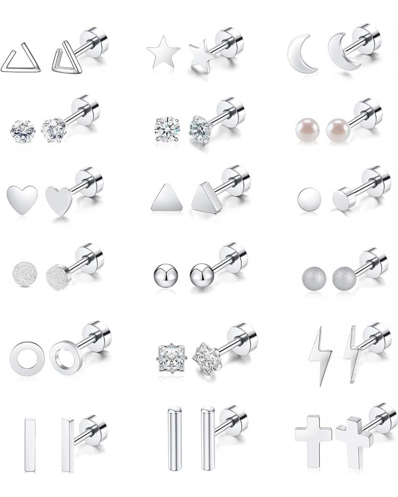 18 Pairs Tiny Cartilage Stud Earrings for Women Men Star Moon Heart Disc Ball CZ Small Screwback Flat Back Stud Earrings Stai...