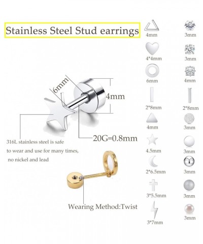 18 Pairs Tiny Cartilage Stud Earrings for Women Men Star Moon Heart Disc Ball CZ Small Screwback Flat Back Stud Earrings Stai...