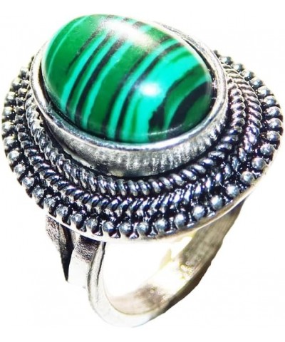 925 Silver Plated Malachite Ring Oval Natural Gemstone Single Stone Ring Women's Exquisite Bohemian Personalized Handmade Jew...