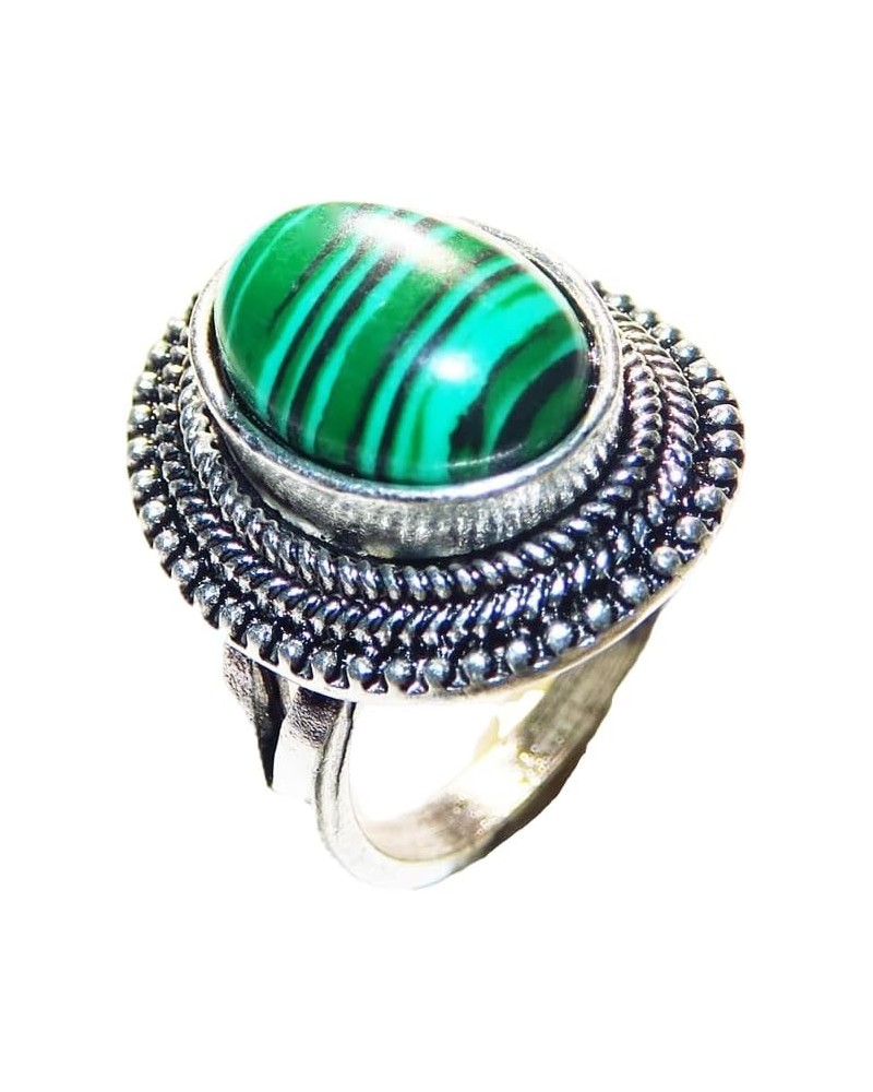 925 Silver Plated Malachite Ring Oval Natural Gemstone Single Stone Ring Women's Exquisite Bohemian Personalized Handmade Jew...