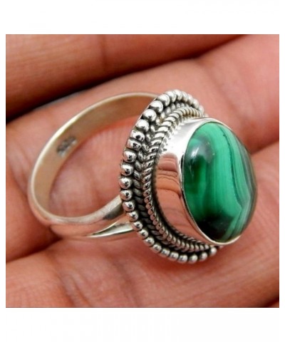 925 Silver Plated Malachite Ring Oval Natural Gemstone Single Stone Ring Women's Exquisite Bohemian Personalized Handmade Jew...