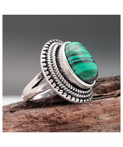 925 Silver Plated Malachite Ring Oval Natural Gemstone Single Stone Ring Women's Exquisite Bohemian Personalized Handmade Jew...