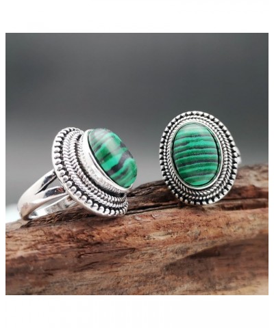 925 Silver Plated Malachite Ring Oval Natural Gemstone Single Stone Ring Women's Exquisite Bohemian Personalized Handmade Jew...