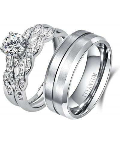 Couple Ring Bridal Set His Hers White Gold Plated CZ Stainless Steel Wedding Ring Band Set White women's size 8 & men's size ...