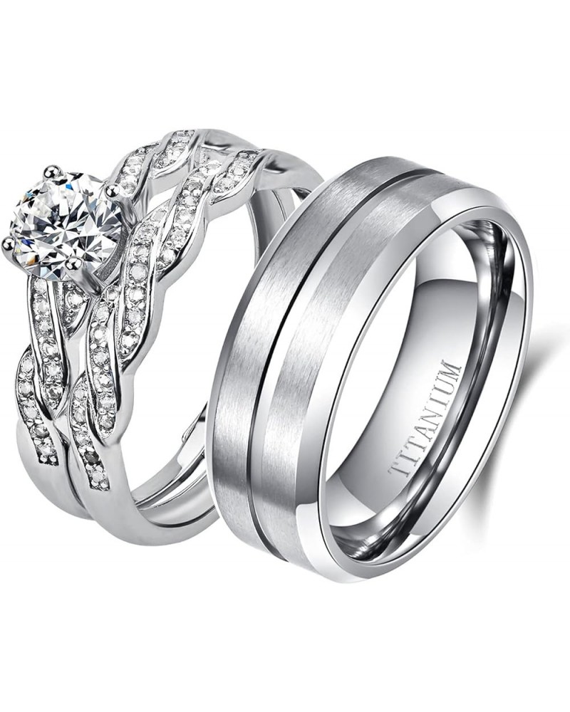 Couple Ring Bridal Set His Hers White Gold Plated CZ Stainless Steel Wedding Ring Band Set White women's size 8 & men's size ...