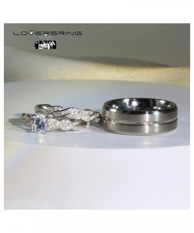 Couple Ring Bridal Set His Hers White Gold Plated CZ Stainless Steel Wedding Ring Band Set White women's size 8 & men's size ...