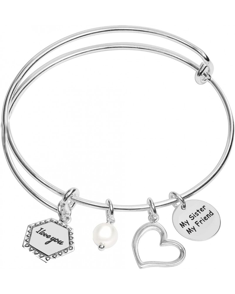 925 Sterling Silver Expandable Wire Multi-Charm Bangle Bracelet for Women I Love You $16.28 Bracelets