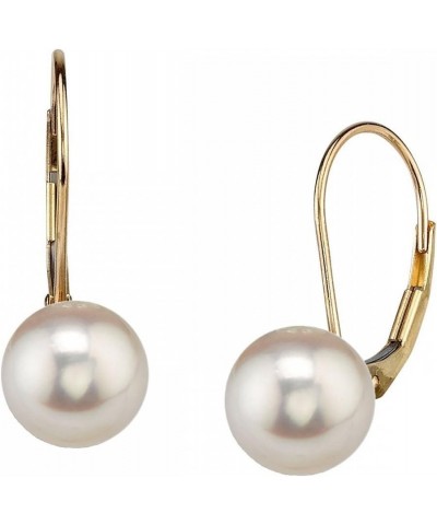 14K Gold AAA Quality Round Genuine White Akoya Cultured Pearl Leverback Earrings for Women Yellow Gold 8.0-8.5mm $126.42 Earr...