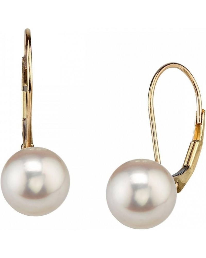 14K Gold AAA Quality Round Genuine White Akoya Cultured Pearl Leverback Earrings for Women Yellow Gold 8.0-8.5mm $126.42 Earr...