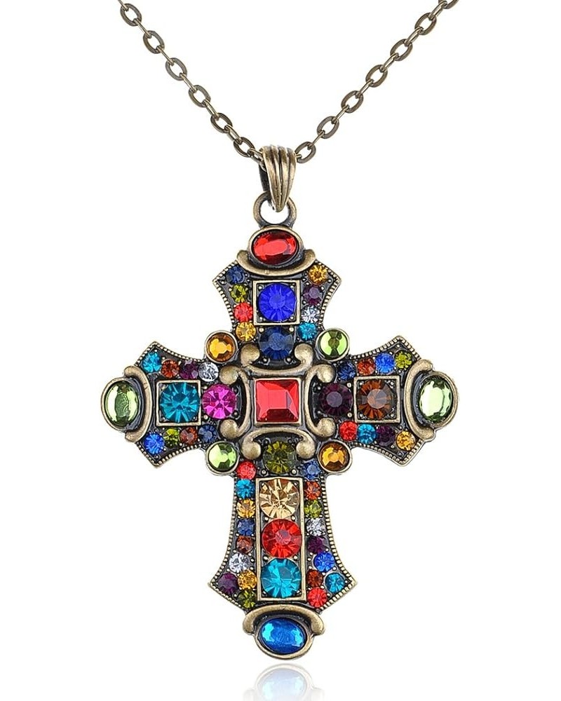 Ornate Antique Golden Tone Colorful Rhinestone Cross Pendant Necklace Multicolored $9.00 Necklaces