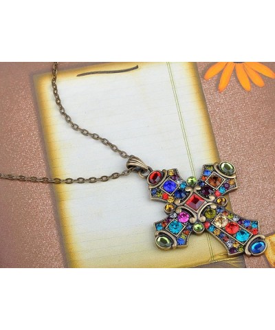 Ornate Antique Golden Tone Colorful Rhinestone Cross Pendant Necklace Multicolored $9.00 Necklaces