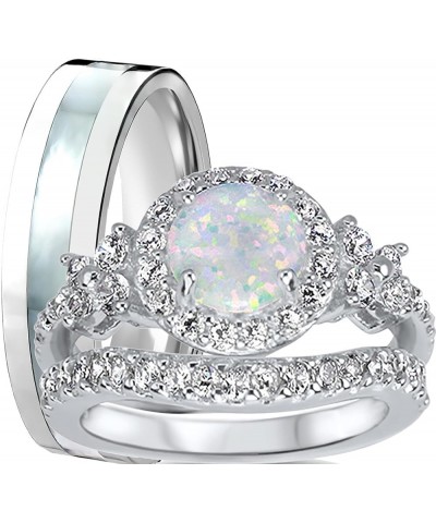 His Hers Wedding Set White Opal Bridal Engagement Ring Set Matching Titanium Sterling Silver Bands His 13 - Her 5 $51.29 Sets