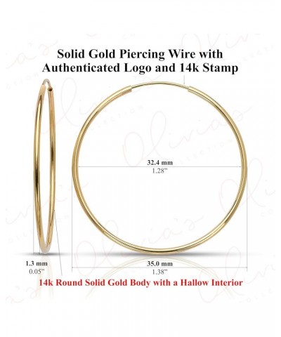 14k Yellow Gold Endless Hoop Earrings (11-40mm) 1.3mm Width, Piercing to Lobe, Upper-Lobe for a Woman, Man or Teens 35mm(1.38...