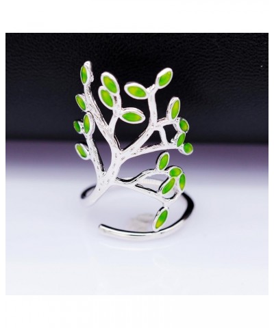 Fashion White and Gold Color Adjustable Size Oval Green Stone Tree of Life Open Leaf Jewelry Ring for Women HR303 Silver Colo...