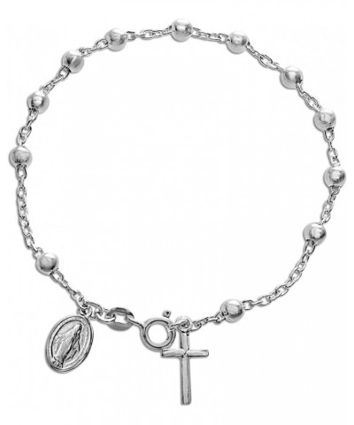 Sterling Silver Religious Miraculous Medal and Cross Charm 7 Inch 4mm Bead Chain Bracelet for Women $9.82 Bracelets