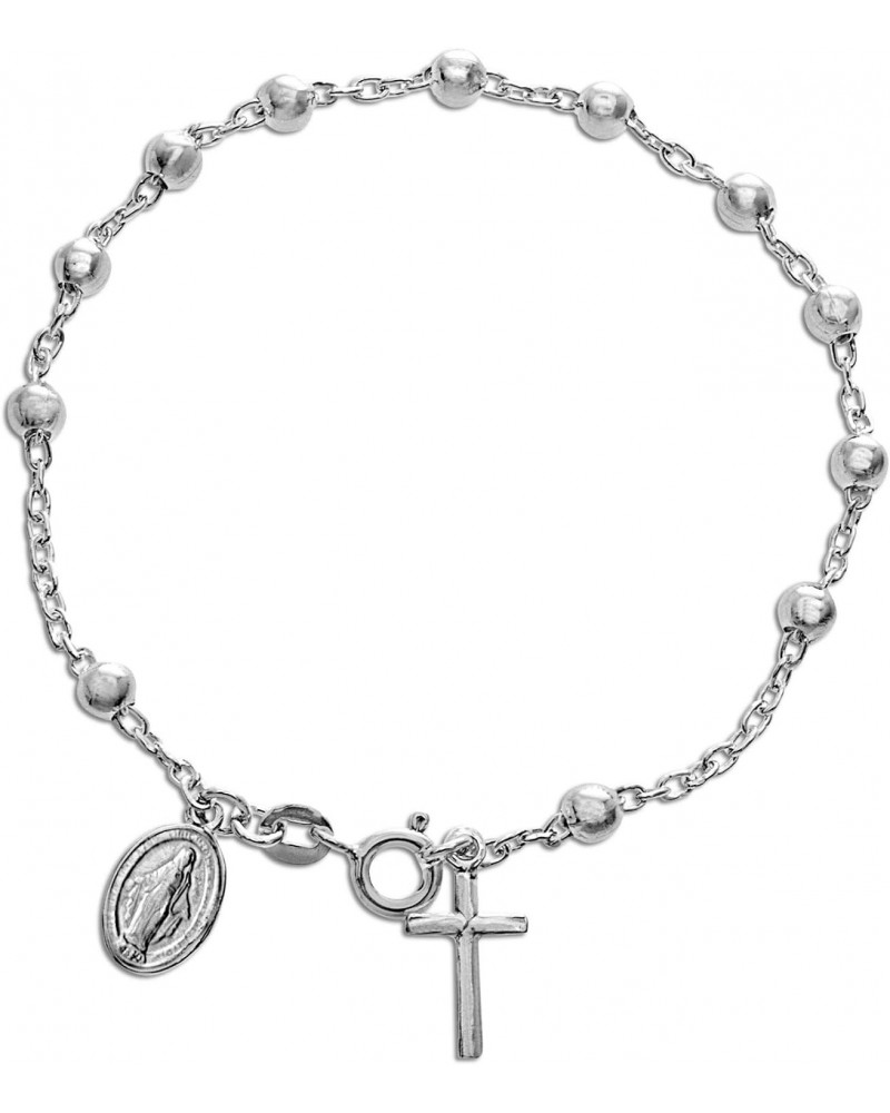 Sterling Silver Religious Miraculous Medal and Cross Charm 7 Inch 4mm Bead Chain Bracelet for Women $9.82 Bracelets