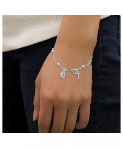 Sterling Silver Religious Miraculous Medal and Cross Charm 7 Inch 4mm Bead Chain Bracelet for Women $9.82 Bracelets