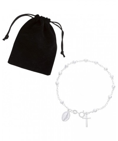 Sterling Silver Religious Miraculous Medal and Cross Charm 7 Inch 4mm Bead Chain Bracelet for Women $9.82 Bracelets