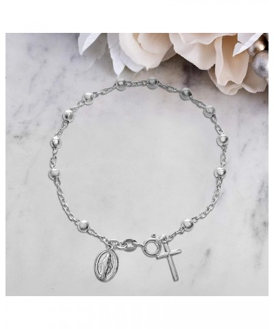 Sterling Silver Religious Miraculous Medal and Cross Charm 7 Inch 4mm Bead Chain Bracelet for Women $9.82 Bracelets