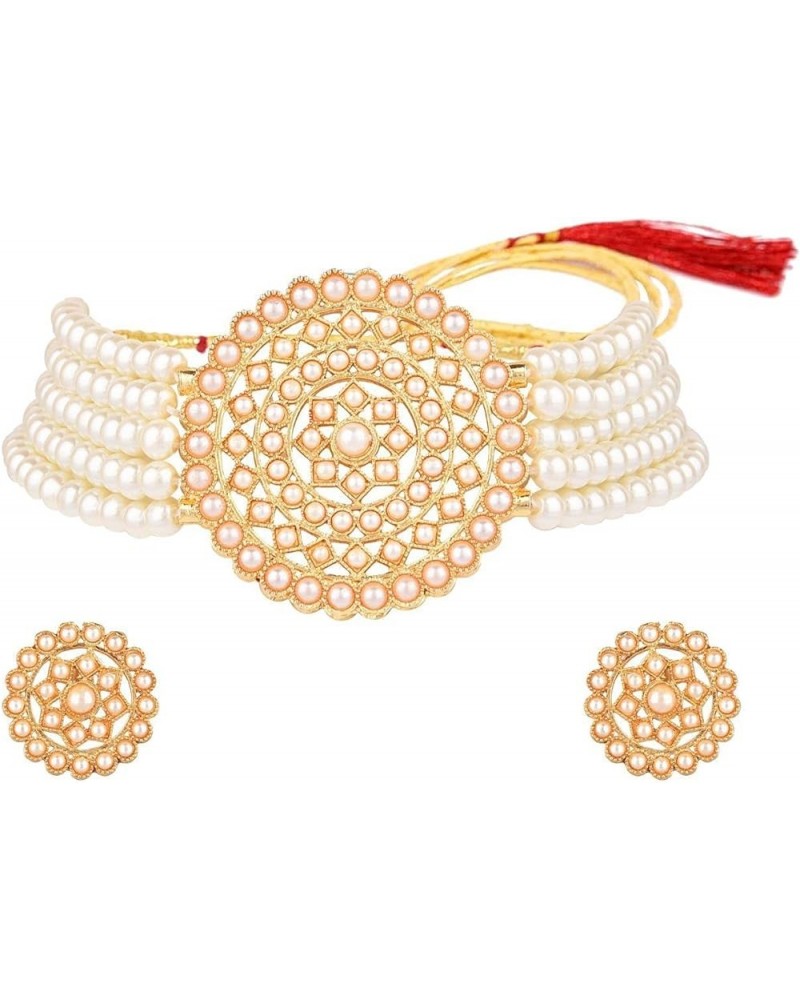 Indian Bollywood Faux Pearl Earrings Set Choker Necklace Gold Tone Wedding Bridal Jewelry Set For Women Gold,White $13.79 Nec...