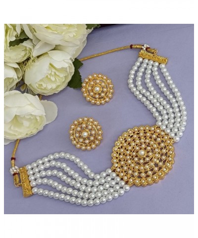 Indian Bollywood Faux Pearl Earrings Set Choker Necklace Gold Tone Wedding Bridal Jewelry Set For Women Gold,White $13.79 Nec...