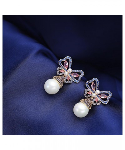 S925 Sterling Silver Butterfly Pearl Bow Earrings for Women Girls Crystal Rhinestone Cubic Zirconia Wedding Drop Dangle Earri...